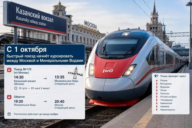 Быстрый поезд будет курсировать между Москвой и Минводами с 1 октября