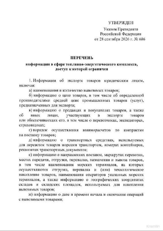 Президент России подписал указ об ограничении доступа к данным топливно-энергетического…