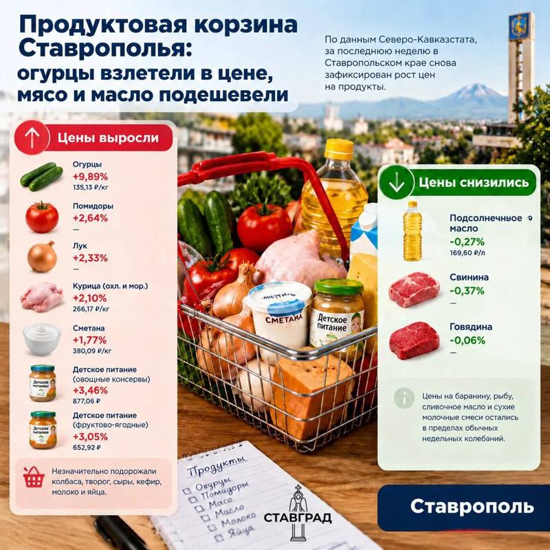 Продуктовая корзина Ставрополья: огурцы взлетели в цене, мясо и масло подешевели