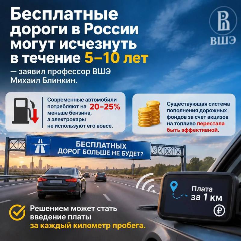 Бесплатные дороги в России могут исчезнуть в течение 5–10 лет, заявил профессор ВШЭ Михаил…